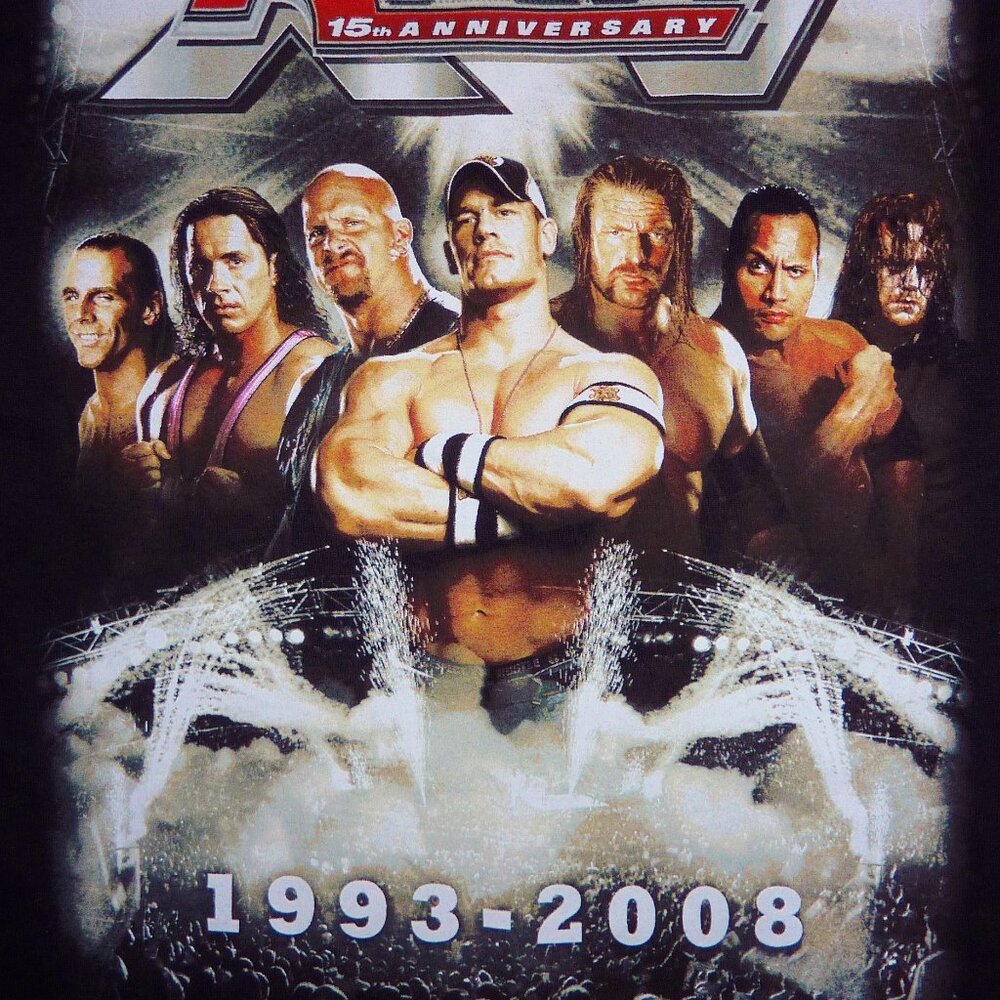 WWE RAW 15th Anniversary tee shirt 2008 Cena Rock Austin Undertaker Bret HBK
